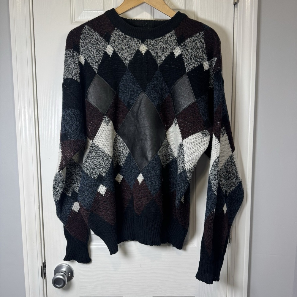 Vtg Impact Mens Sweater‎ Sz L Knit Argyle Leather Patches Trim Navy Maroon Gray